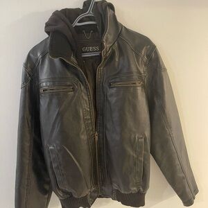 Men’s Guess leather jacket with built in hoodie